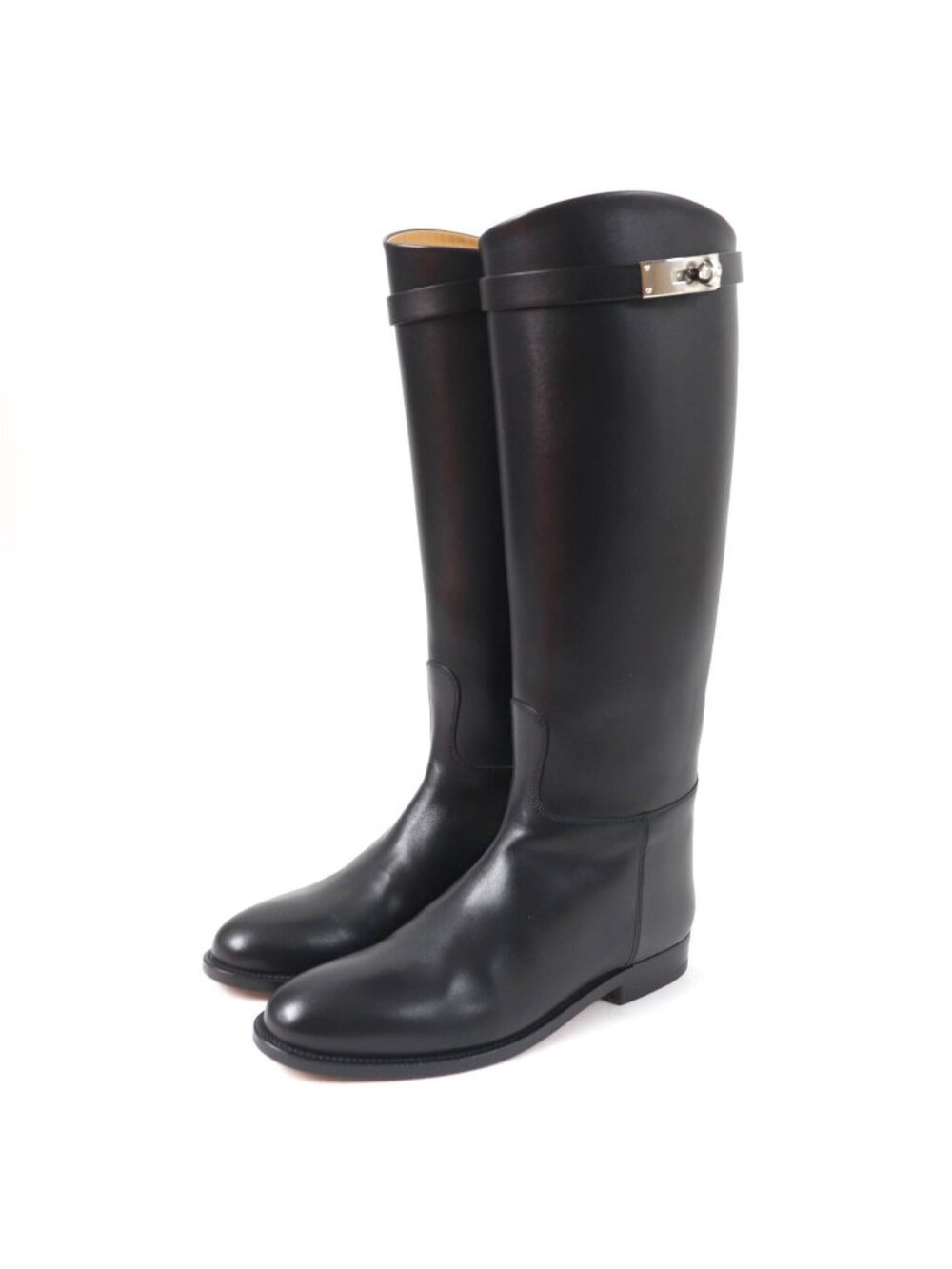 Hermes Silver Kelly Buckle Leather Jumping Long Boots Black